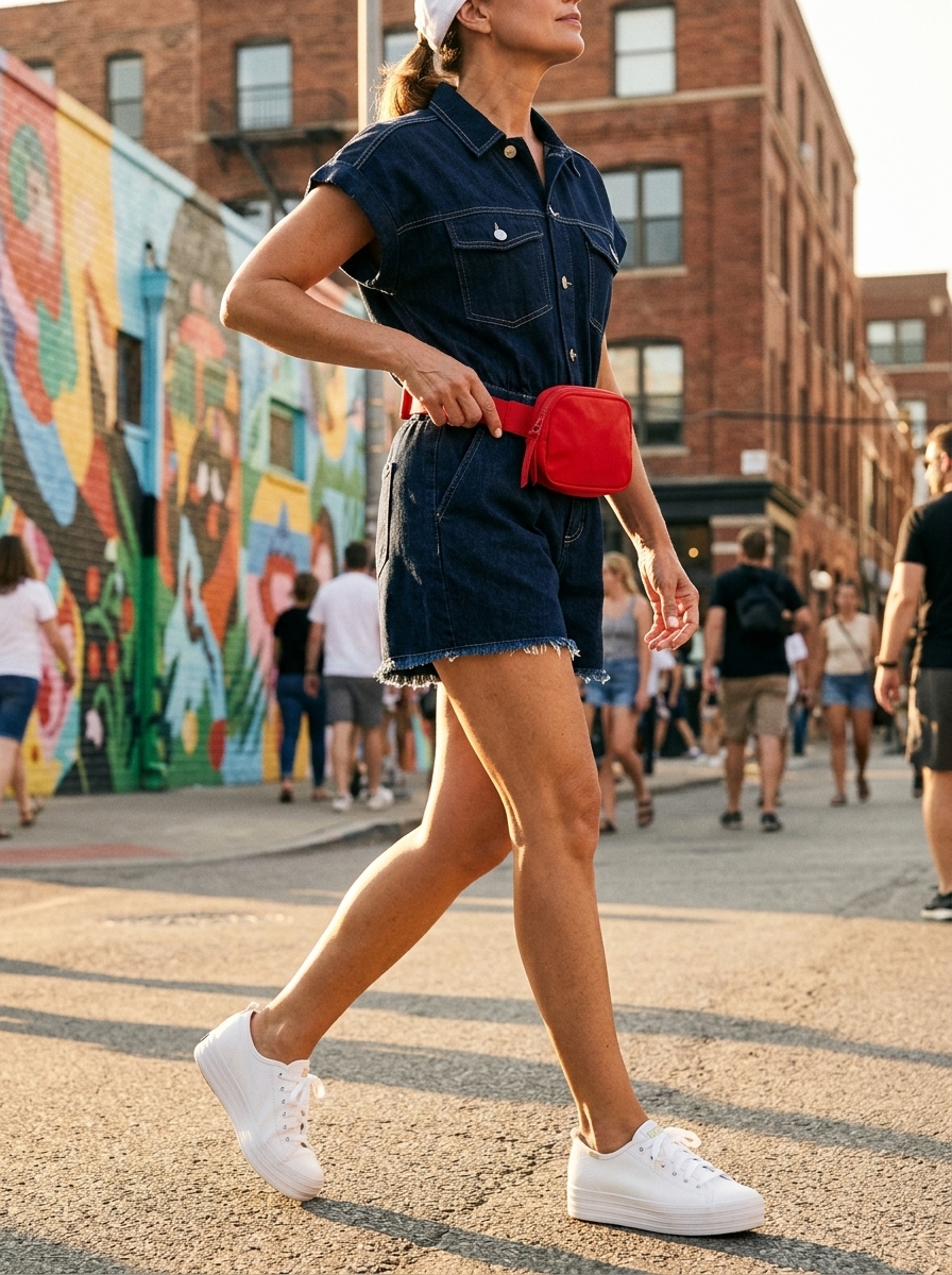 Chic Summer Outfit for Women Over 50 2026: Denim Day Chic summer outfit for women over 50 2026: Denim romper, white tee, and sneakers for a fun day out.