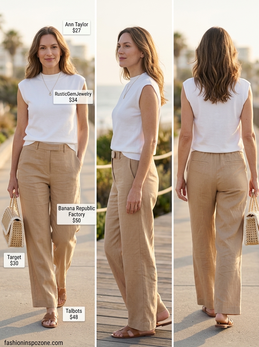 Chic Summer Outfit for Women Over 50 2026: Coastal Elegance Chic summer outfit for women over 50 2026: Sage green pants, cream top, tan slides for brunch.