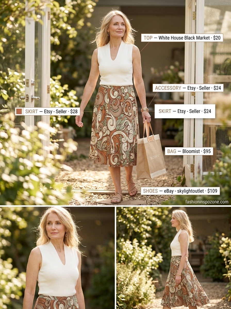 Chic Summer Outfit for Women Over 50 2026: Garden Party Chic summer outfit for women over 50 2026: Terracotta skirt, ivory tank, bronze sandals for garden party.
