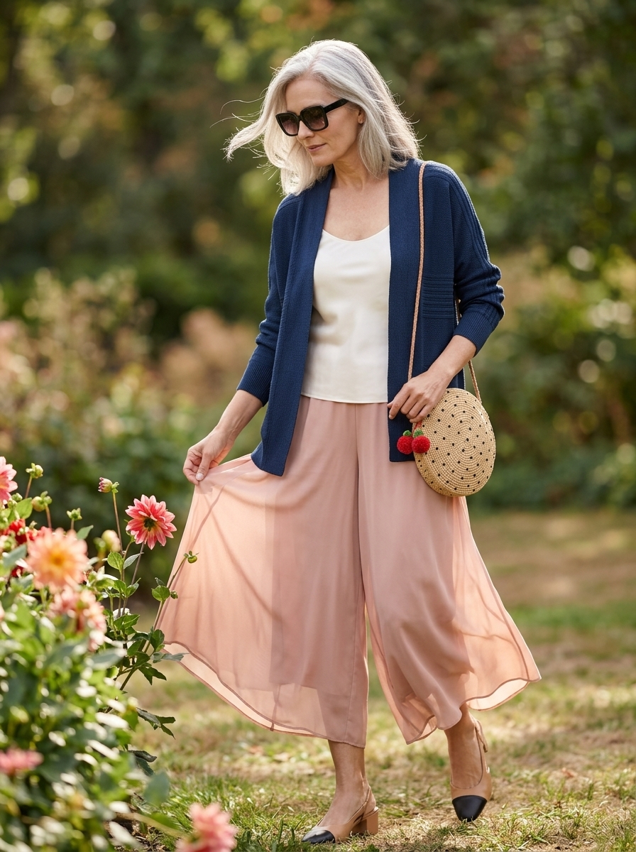 Chic Summer Outfit for Women Over 60 2026 | Afternoon Tea Style Chic summer outfit for women over 60 2026: Blush pink culottes, navy stripe top, ivory capris, and silver sandals.
