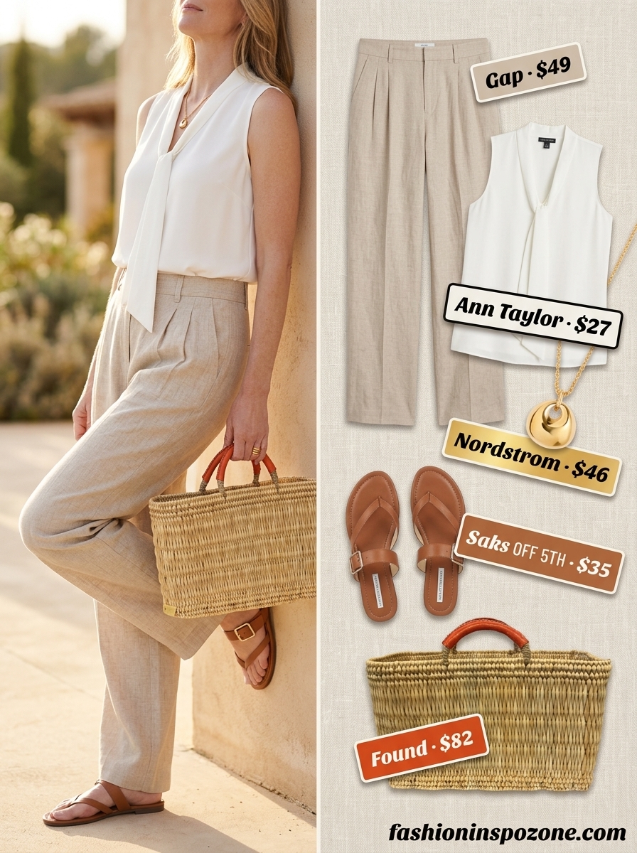 Chic Summer Outfit for Women Over 60 2026: Coastal Linen Chic summer outfit for women over 60 2026: Beige linen pants, off-white top, straw hat for travel.