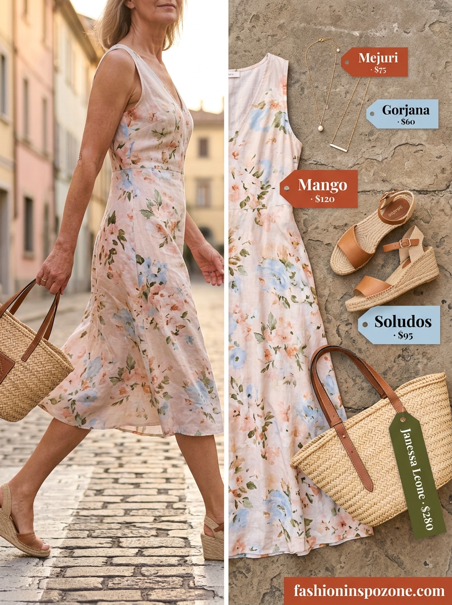 Chic Summer Outfit for Women Over 60 2026 | Garden Party Style Chic summer outfit for women over 60 2026: Blue floral maxi dress, straw hat, and espadrille sandals.
