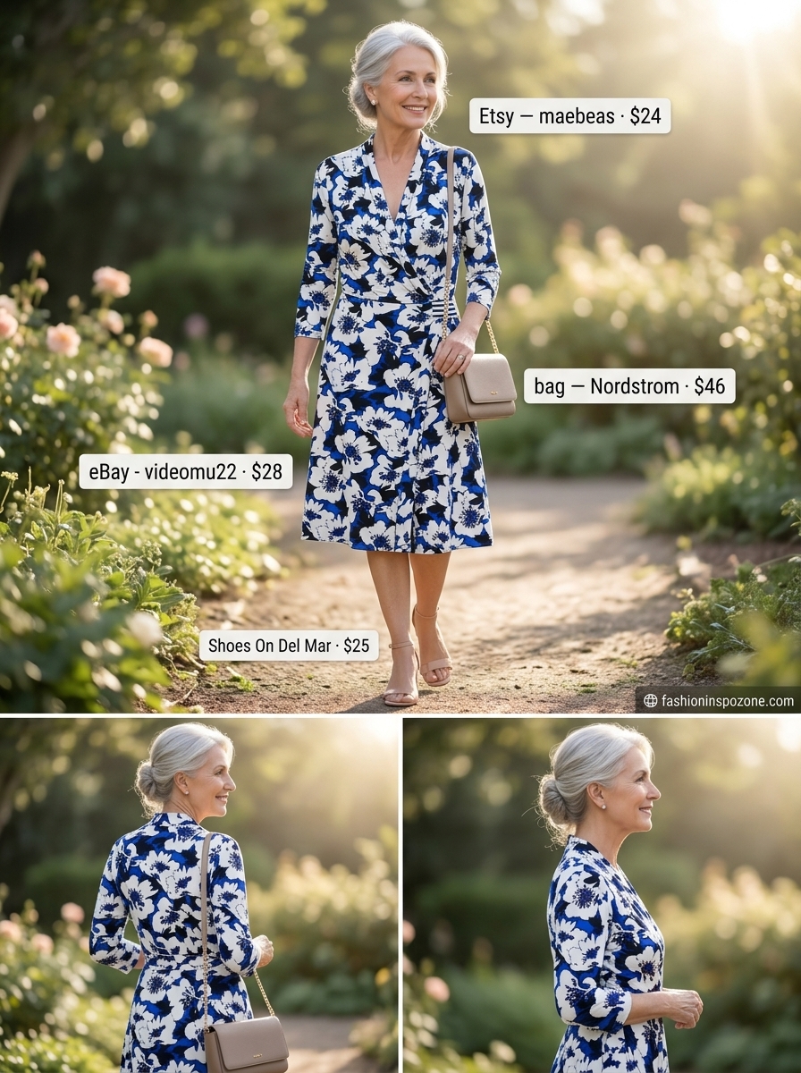 Chic Summer Outfit for Women Over 60 2026: Garden Party Chic summer outfit for women over 60 2026: Blue floral wrap dress, nude sandals, pearl earrings for garden party.