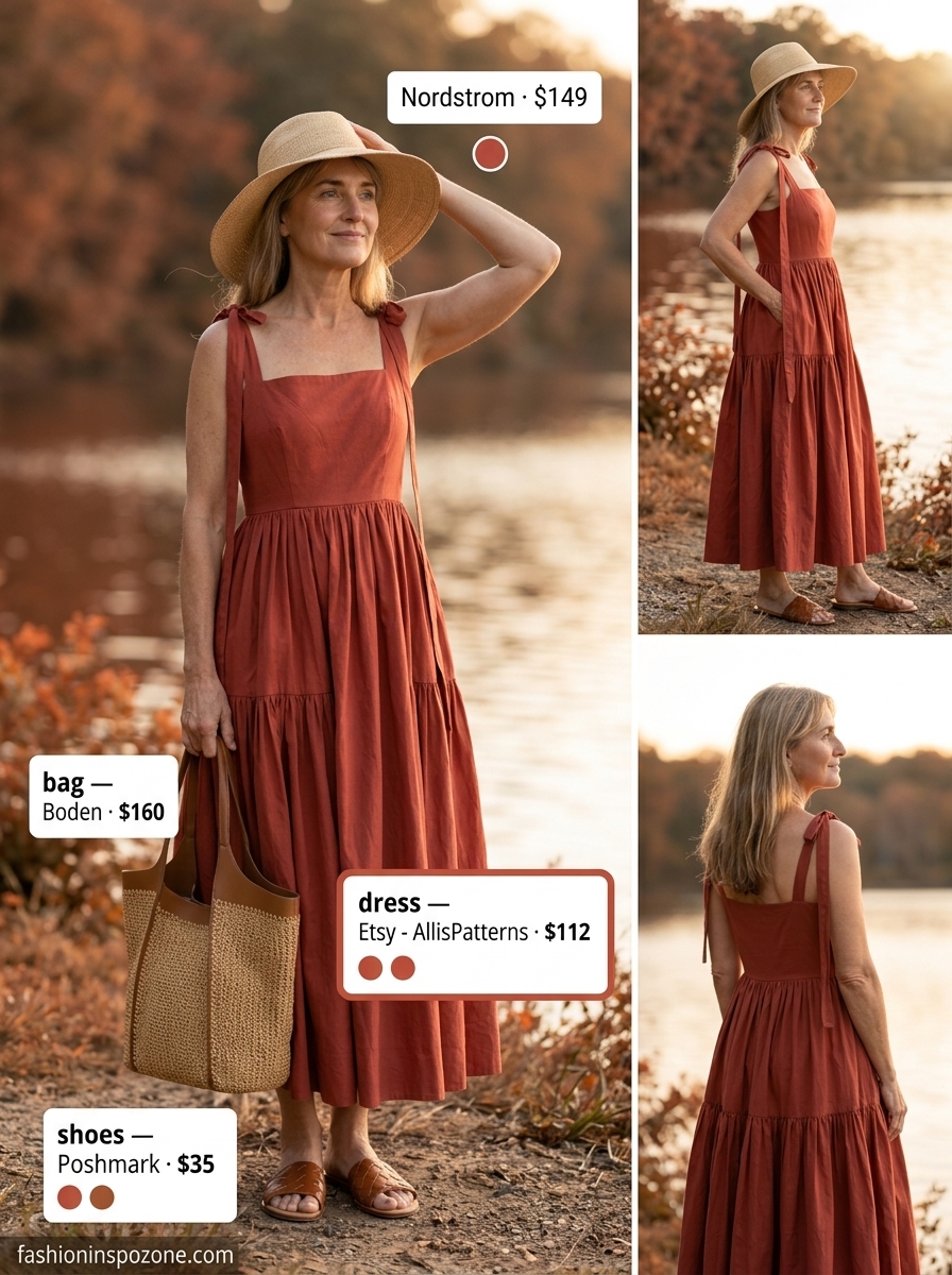 Chic Summer Outfit for Women Over 60 2026: Lakeside Escape Chic summer outfit for women over 60 2026: Terracotta tiered maxi dress, straw hat, espadrilles for vacation.