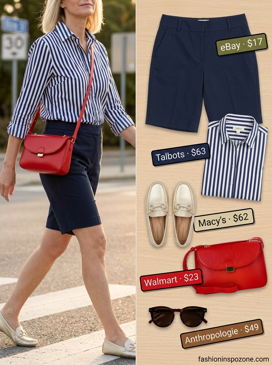 Chic Summer Outfit for Women Over 60 2026 | Casual Style Chic summer outfit for women over 60 2026: Navy Bermuda shorts, sky blue shirt, and white sneakers.
