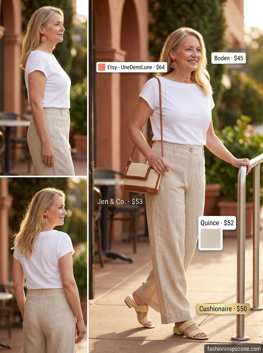 Chic Summer Outfit for Women Over 60 2026: Riviera Brunch Chic summer outfit for women over 60 2026: Beige linen pants, white top, coral earrings, espadrilles for brunch.