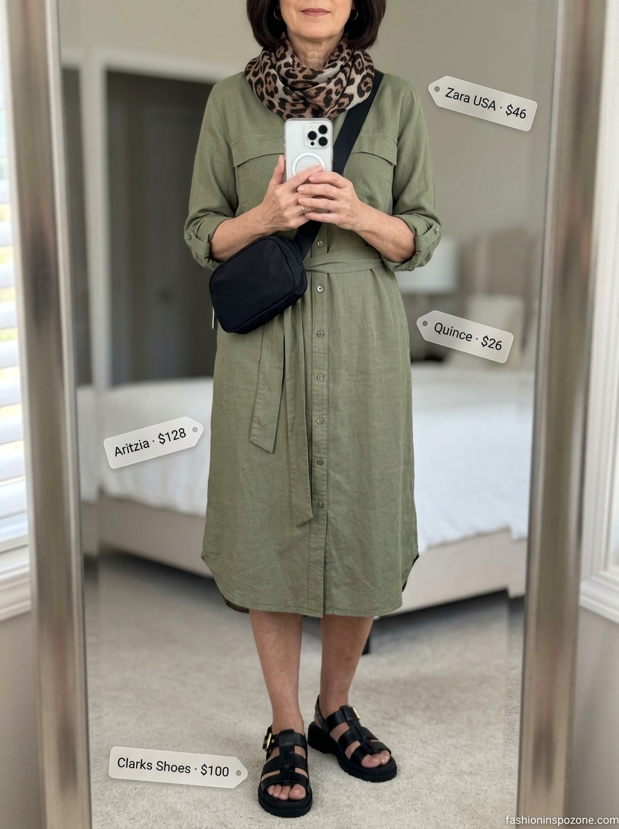 Chic Summer Outfit for Women Over 60 2026: Safari Chic Day Trip Chic summer outfit for women over 60 2026: Khaki utility dress, leopard scarf, flat sandals for day trip.