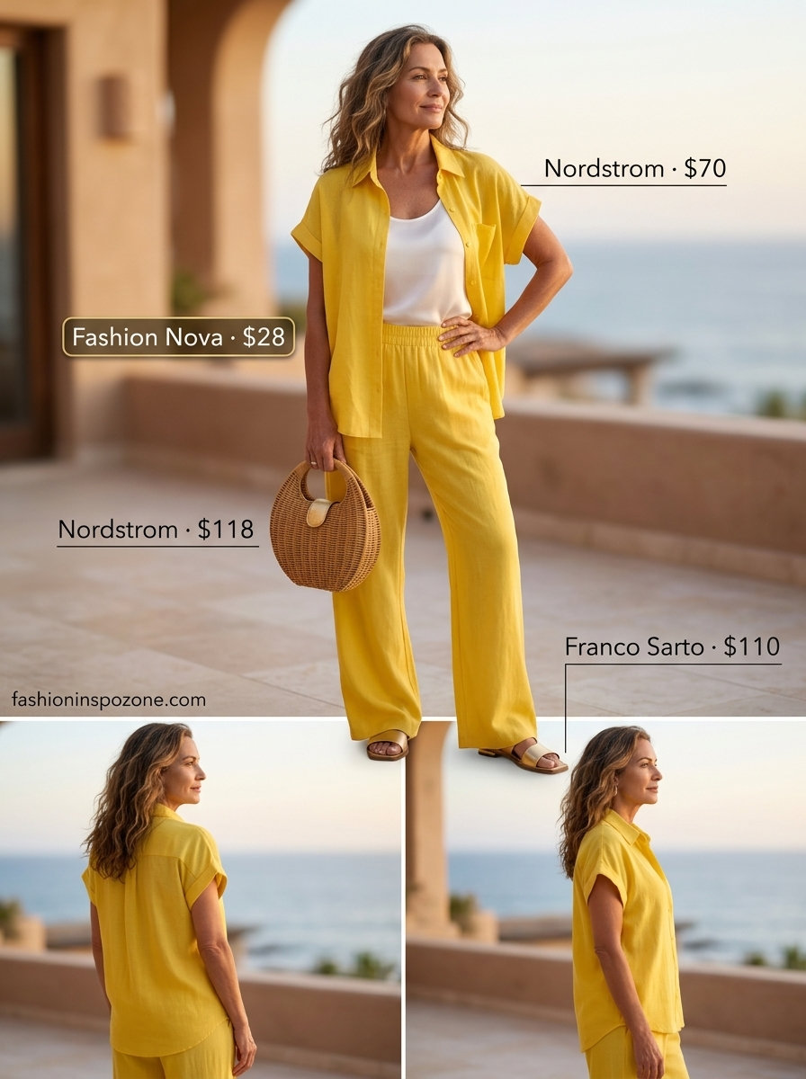 Chic Summer Outfit for Women Over 60 2026: Sunny Soirée Chic summer outfit for women over 60 2026: Yellow linen set, white cami, gold sandals for vacation dinner.