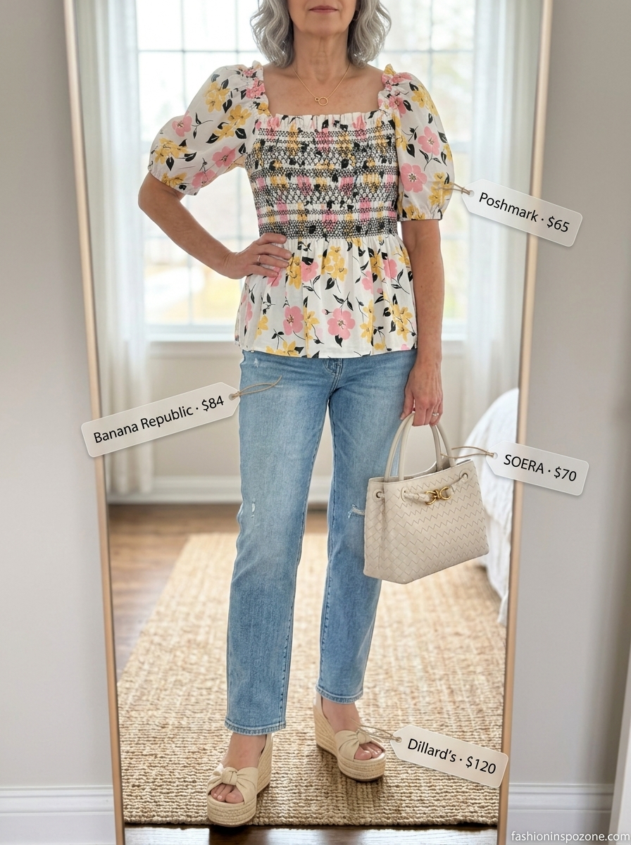 Chic Summer Outfit for Women Over 60 2026: Weekend Blooms Chic summer outfit for women over 60 2026: Floral blouse, denim jeans, espadrilles for weekend.