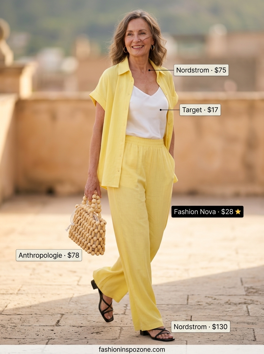 Chic Summer Outfit for Women Over 60 2026 | Matching Set Style Chic summer outfit for women over 60 2026: Soft yellow linen matching set, white sneakers, and gold jewelry.