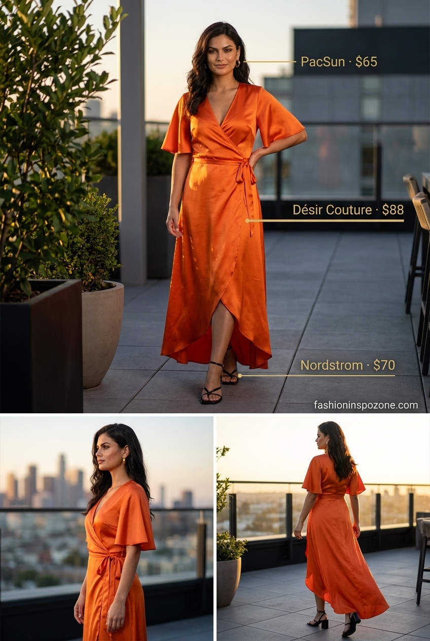 Chic summer outfits for women 2026: Mango orange maxi dress with black heels and clutch for a vibrant summer event or date night.