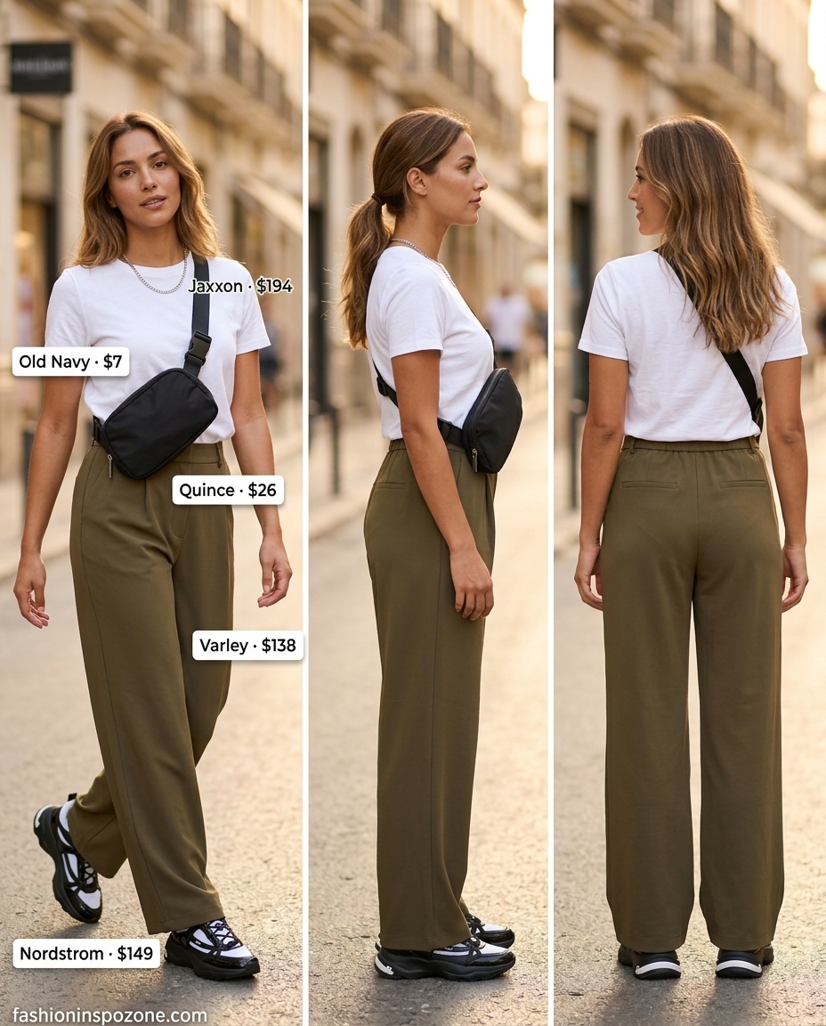 Chic summer wide leg pants outfits for women 2026: Olive cargo pants with white tee, chunky sneakers, and silver necklace for edgy city exploration.