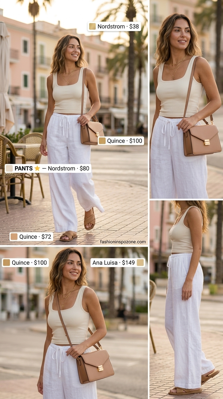 Chic summer wide leg pants outfits for women 2026: Ivory linen pants with ribbed tank, leather slides, and layered gold necklaces for relaxed brunch.