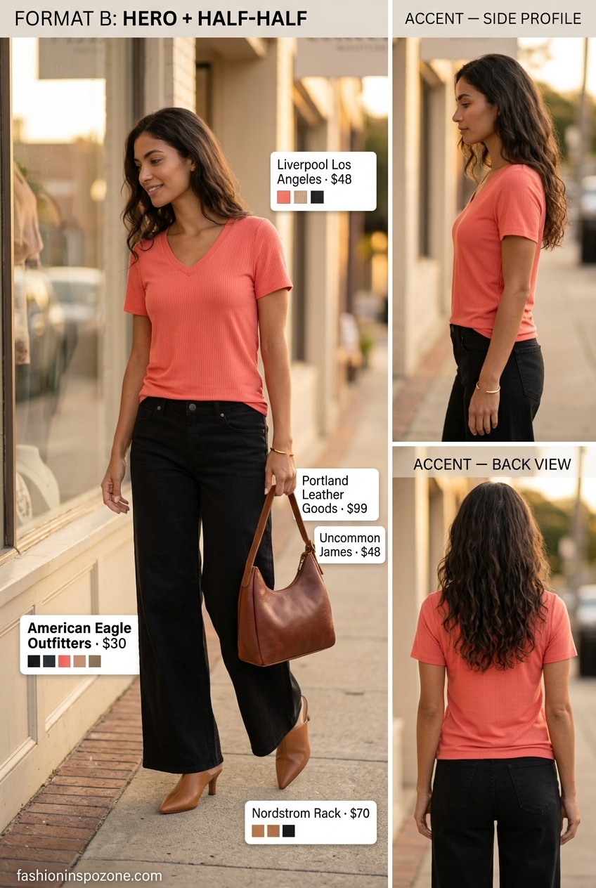 Chic summer wide leg pants outfits for women 2026: Ecru wide leg pants with coral knit top, tan mules, and leather shoulder bag for casual shopping.