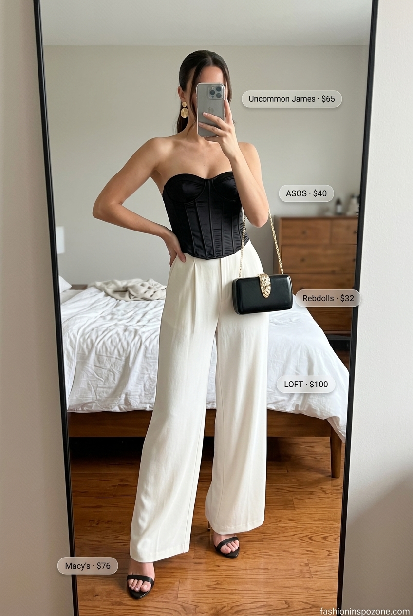 Chic summer wide leg pants outfits for women 2026: Black corset top with wide leg pants, strappy heels, and statement gold earrings for a glamorous night out.