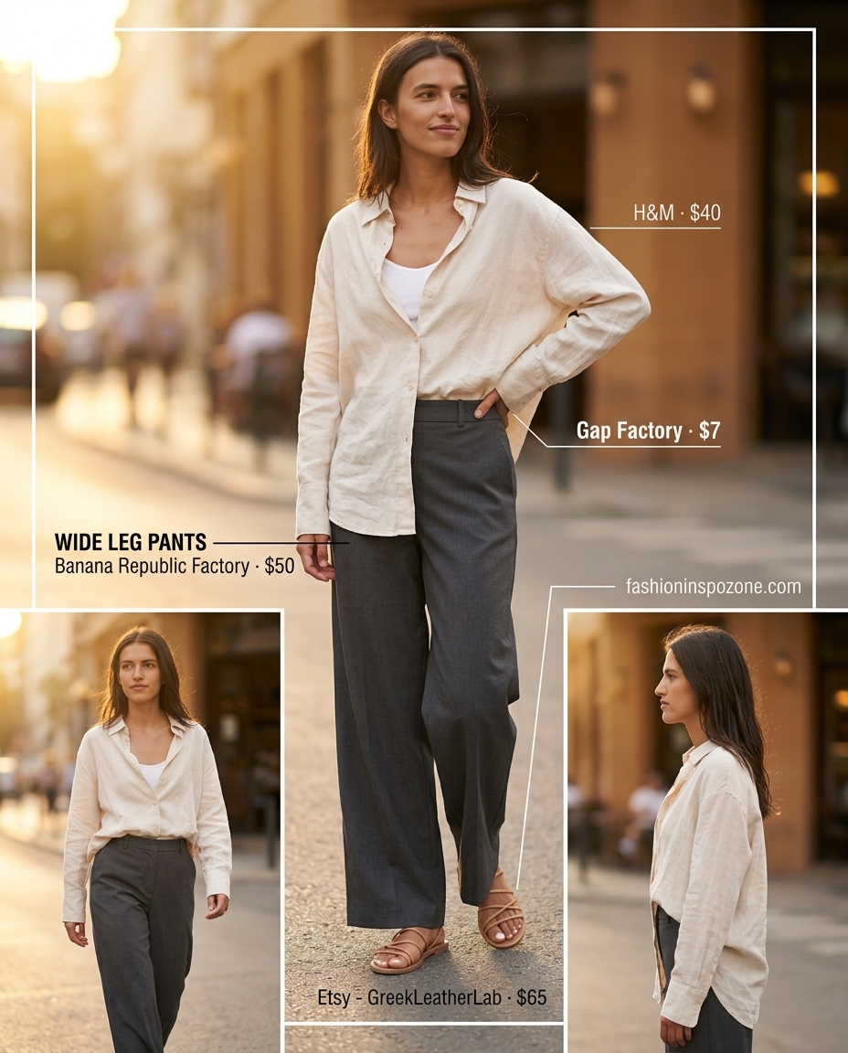 Chic summer wide leg pants outfits for women 2026: Beige linen pants with an oversized white shirt, tank top, and straw tote for relaxed travel style.