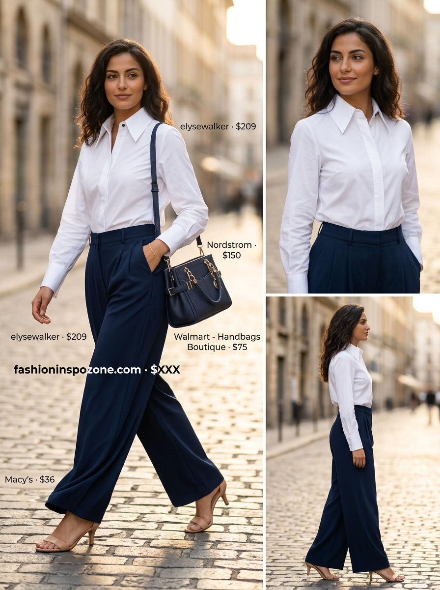 Chic summer wide leg pants outfits for women 2026: Navy wide leg pants with crisp white shirt, nude heels, and gold accessories for smart casual events.