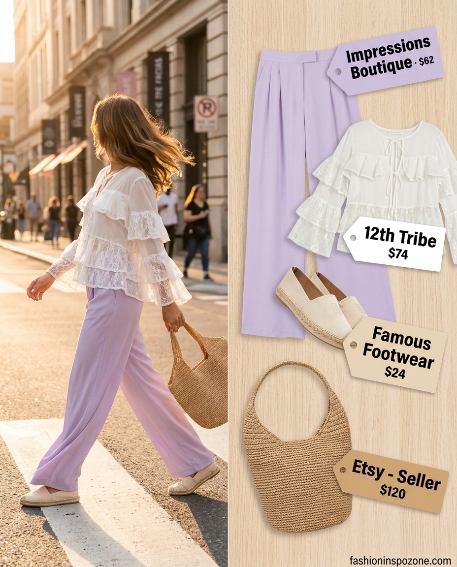 Chic summer wide leg pants outfits for women 2026: Lavender linen pants with white peasant blouse, espadrilles, and raffia tote for a romantic daytime look.