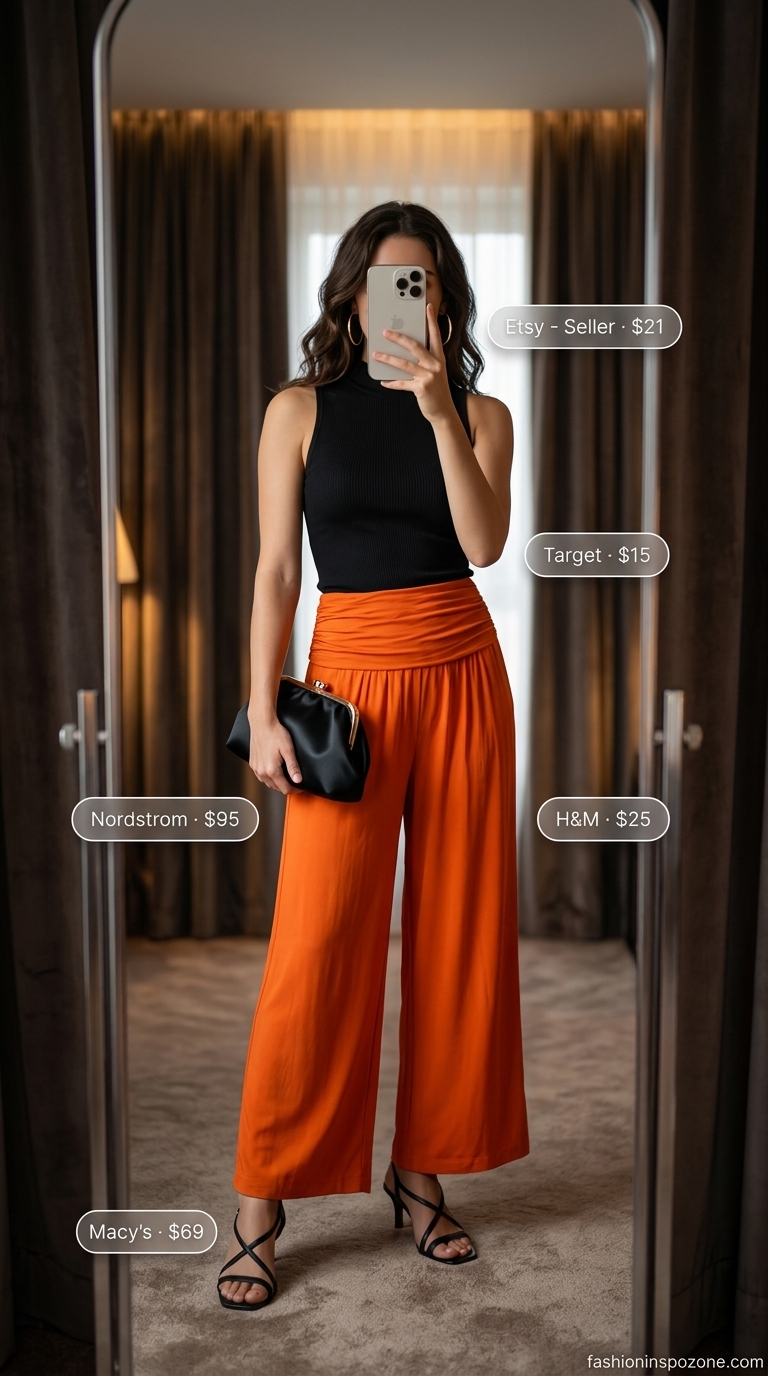 Chic summer wide leg pants outfits for women 2026: Sunset orange palazzo pants with black mock neck top, heels, and clutch for an elegant evening look.