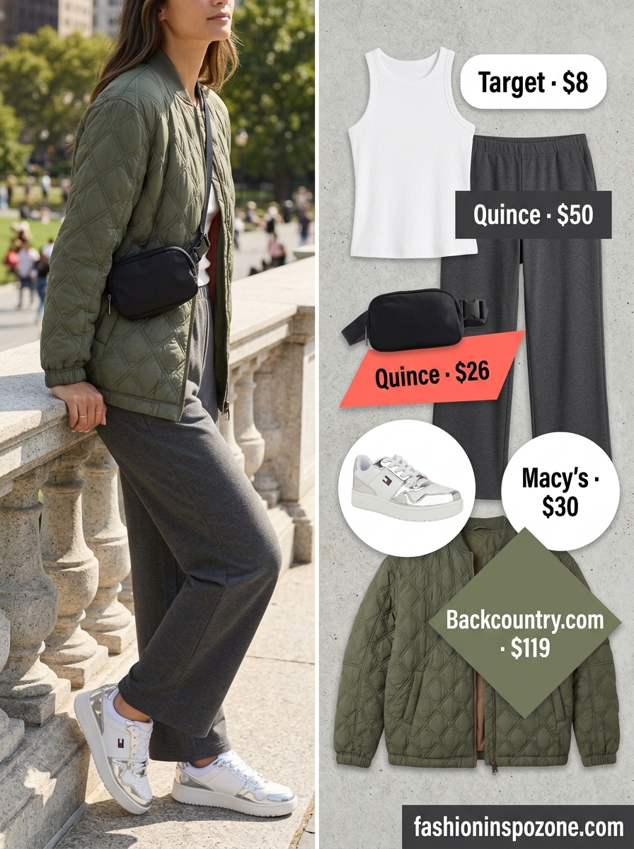 Comfortable charcoal grey wide leg lounge pants outfit for women 2026 with bomber jacket and sneakers.