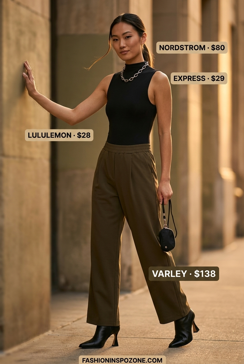 Edgy olive green cargo wide leg pants outfit for women 2026 with black bodysuit and boots.