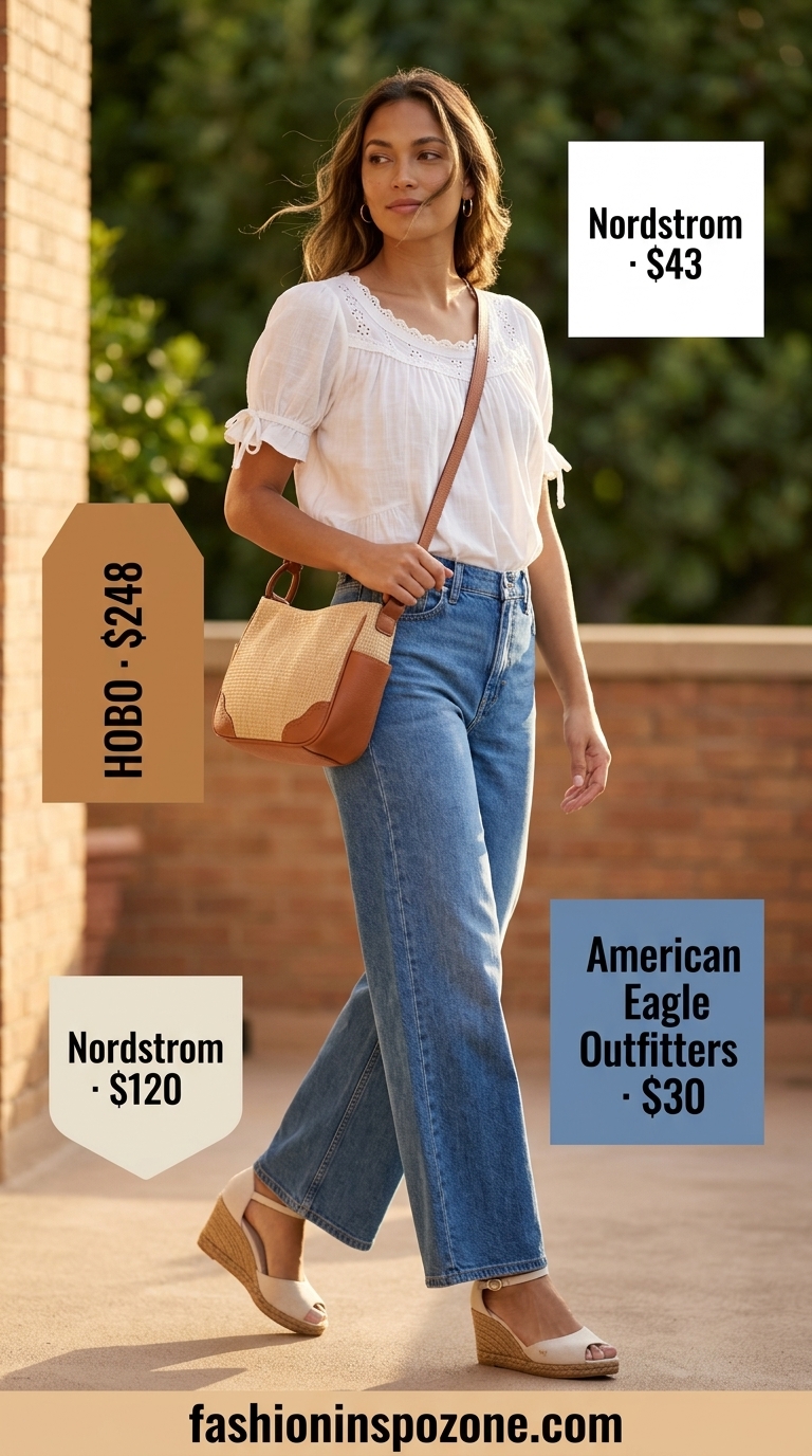 Chic summer wide leg pants outfits for women 2026: Medium wash denim wide leg pants with white eyelet blouse & espadrilles.