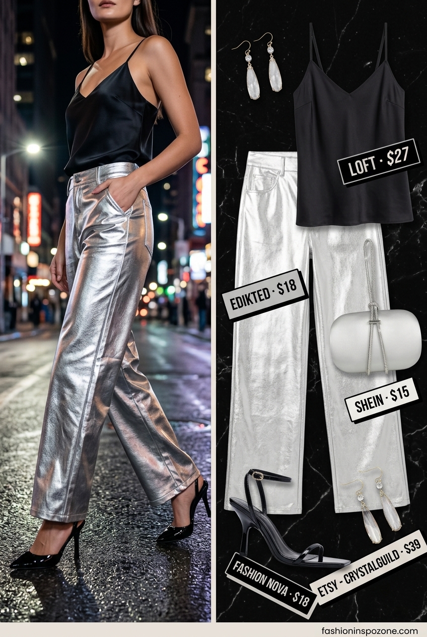 Chic summer wide leg pants outfits for women 2026: Silver metallic wide leg pants with black satin cami & stiletto heels.