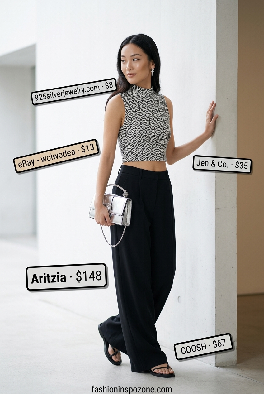 Bold black and white geometric wide leg set for women 2026 with silver clutch and sandals.