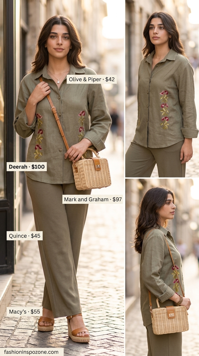 Chic summer wide leg pants outfits for women 2026: Sage green linen matching set with gold accents & espadrille wedges.