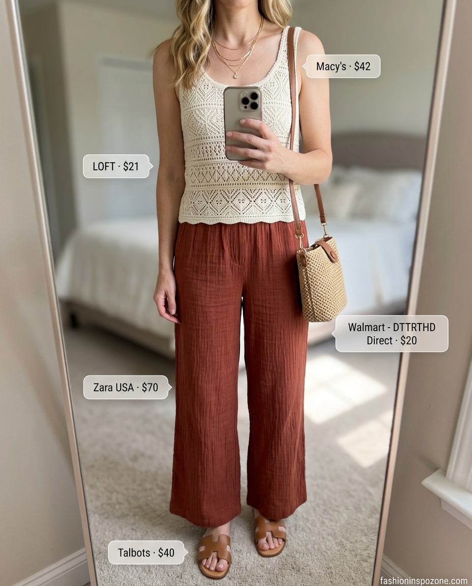 Chic summer wide leg pants outfits for women 2026: Terracotta linen wide leg pants with crochet tank & gold necklaces.