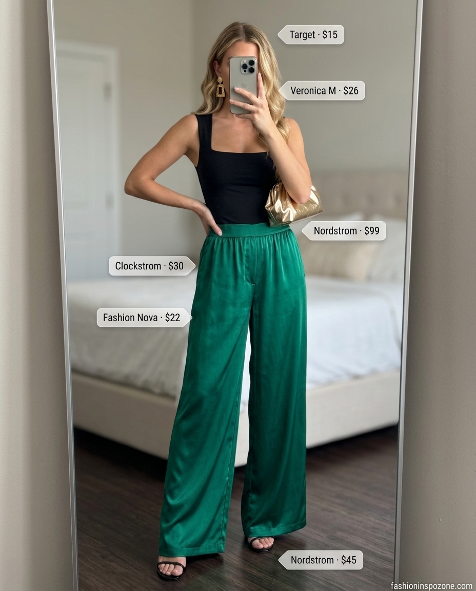 Bold emerald green wide leg palazzo pants outfit for women 2026 with black heels and gold earrings.
