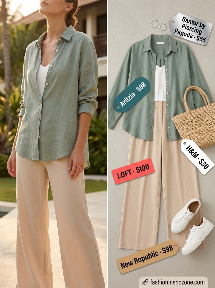 Chic summer wide leg pants outfits for women 2026: Sage green linen set with beige wide leg pants & white sneakers.