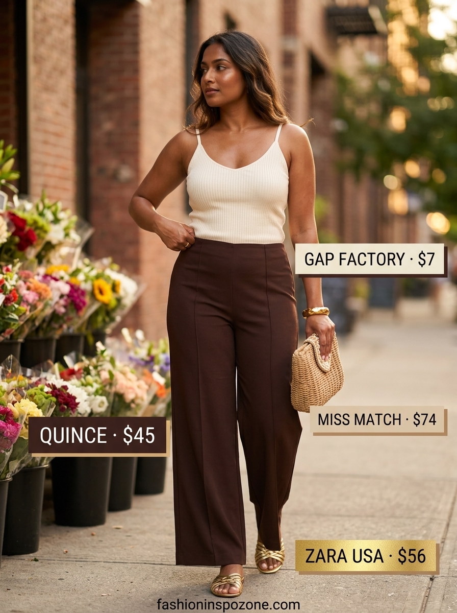 Chic summer wide leg pants outfits for women 2026: Ombre coral & yellow wide leg pants with cream tank & gold bangles.