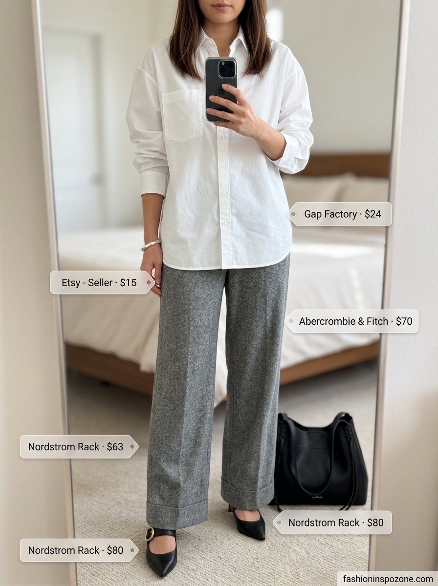 Chic slate grey wide leg pants outfit for women 2026 with white shirt, black tote, and silver jewelry.