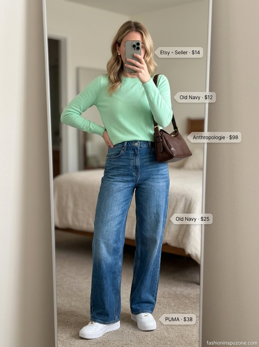 Chic summer wide leg pants outfits for women 2026: Denim wide leg jeans with mint green knit sweater & white sneakers.
