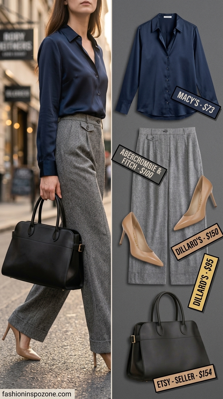 Chic summer wide leg pants outfits for women 2026: Beige tailored wide leg trousers with navy satin blouse & pumps.
