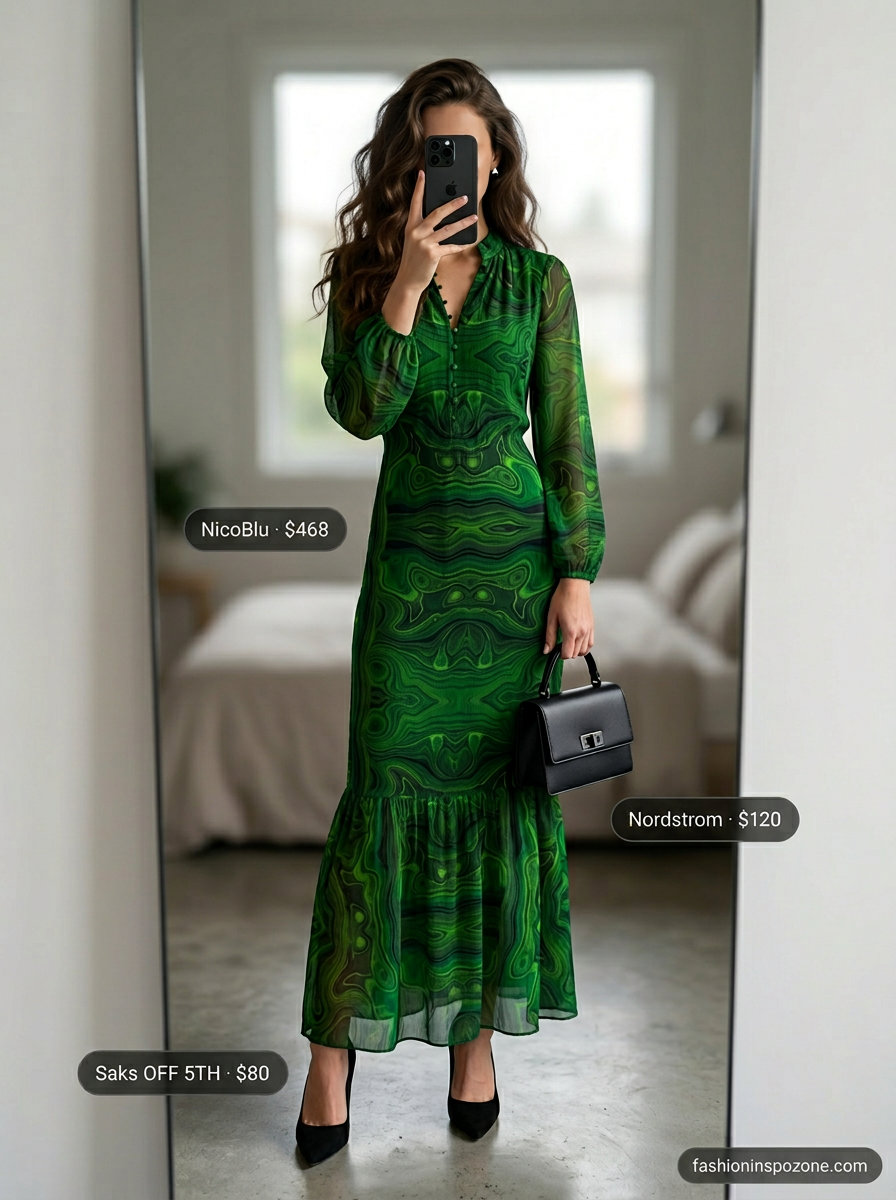 Emerald green abstract print chiffon flowy maxi dress for art gallery events, with black pumps.