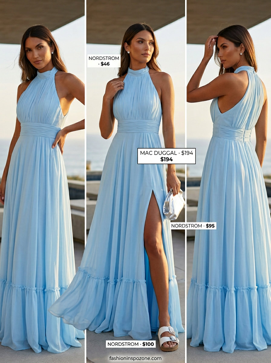 Sky blue halter neck chiffon maxi dress for resort dinners and yacht parties 2026. Serene and breezy style.