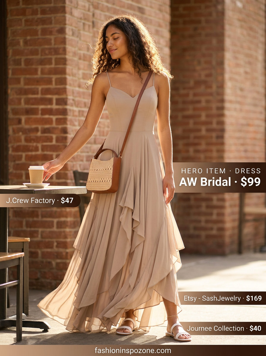 Beige tiered chiffon summer flowy maxi dress 2026 for resort wear. Spaghetti straps, relaxed fit, flat sandals, raffia tote bag.