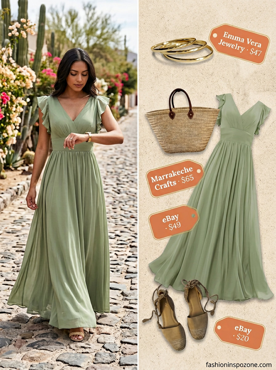 Sage green chiffon flowy maxi dress for a casual summer day, styled with espadrilles and straw tote.