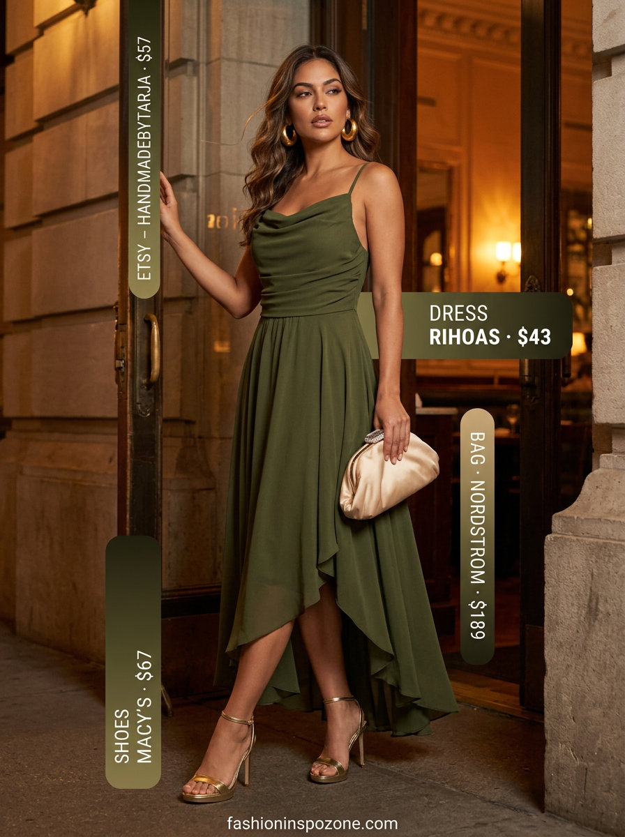 Emerald green chiffon summer flowy maxi dress 2026 for formal event. Cowl neck, side slit, gold hoops, metallic heels, satin clutch.