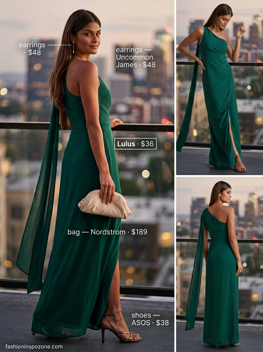 Emerald green chiffon summer flowy maxi dress 2026 for vacation gala. One-shoulder, ruffle trim, side slit, bronze heels, satin clutch.