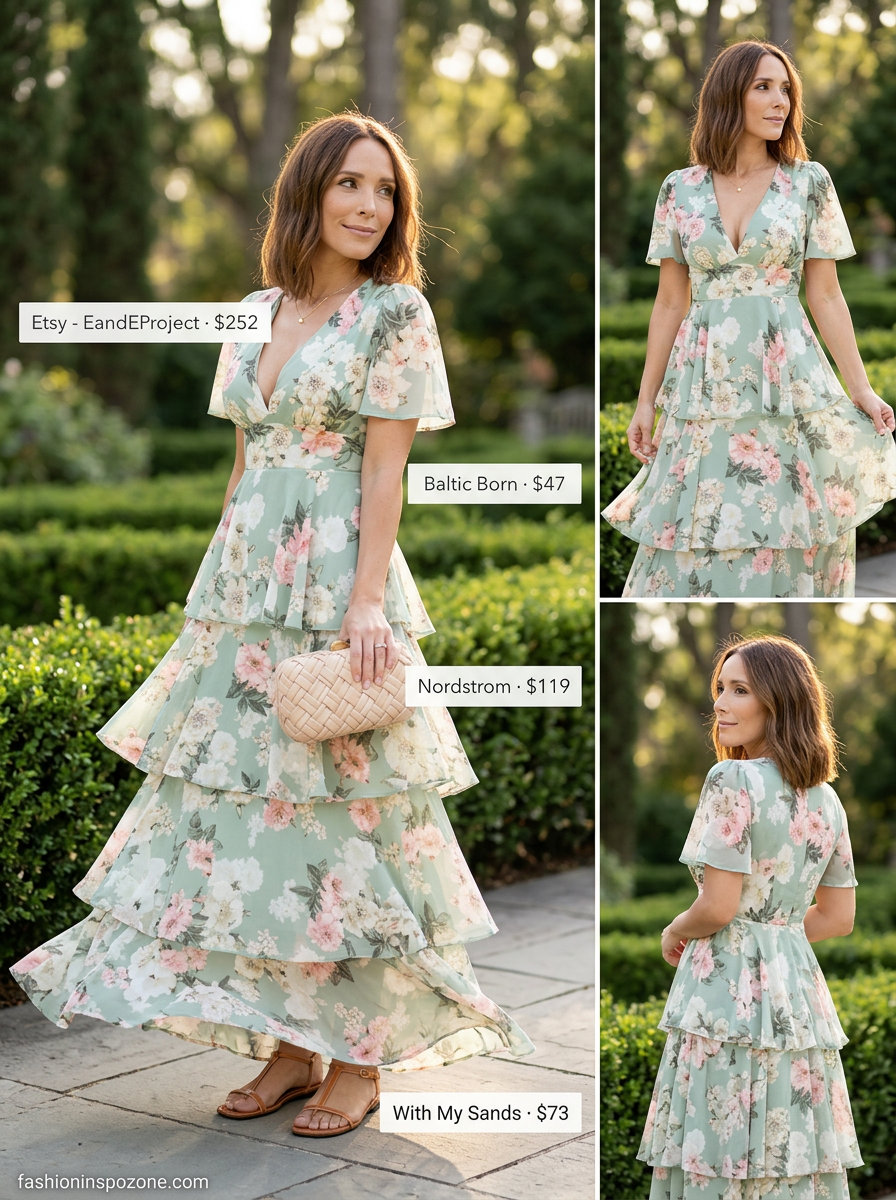 Dusty rose floral chiffon maxi dress for garden parties and summer weddings 2026. Romantic and feminine.