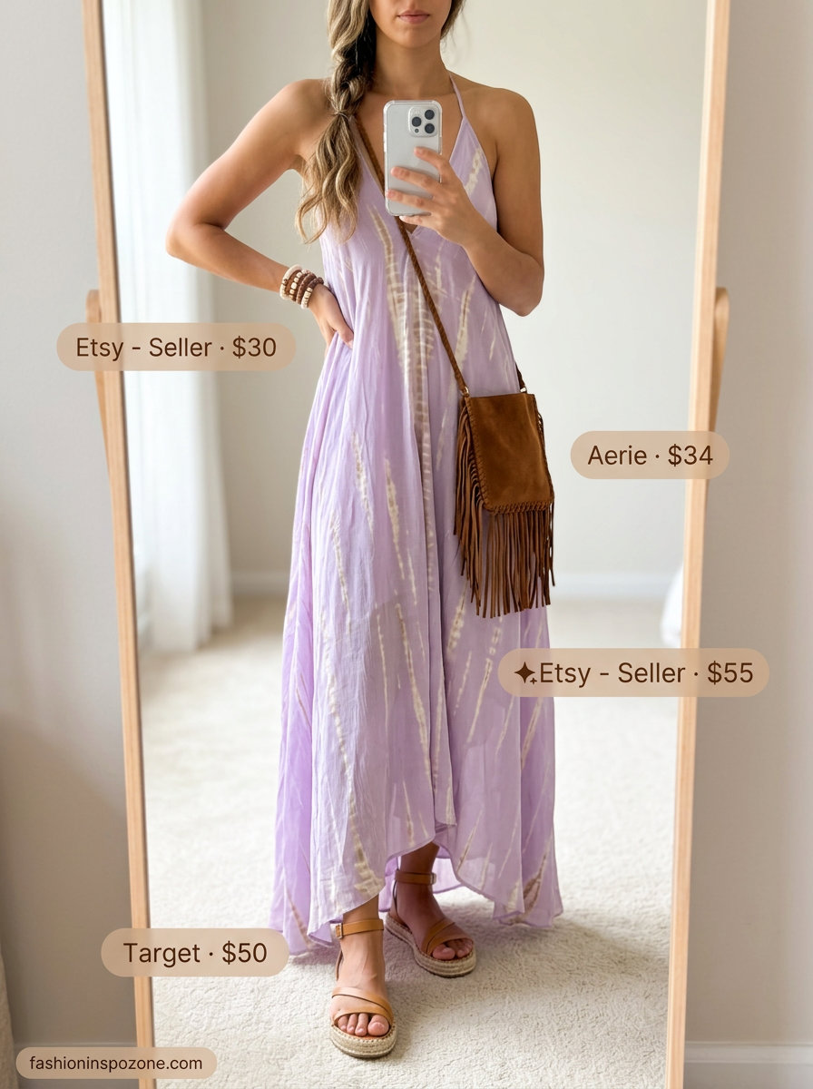 Lavender and cream tie-dye chiffon maxi dress for music festivals and casual days 2026. Bohemian style.