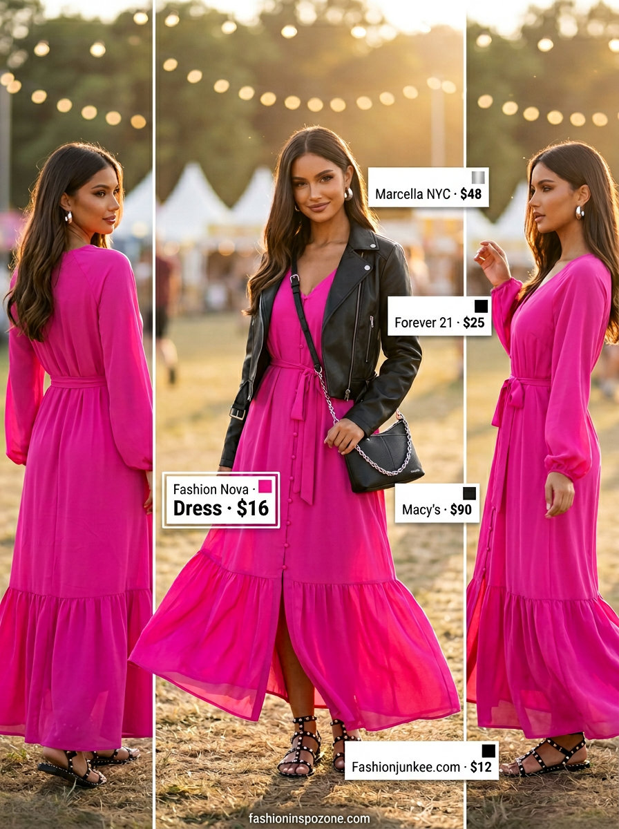 Fuchsia chiffon flowy maxi dress for festivals, styled with moto jacket and flat sandals.