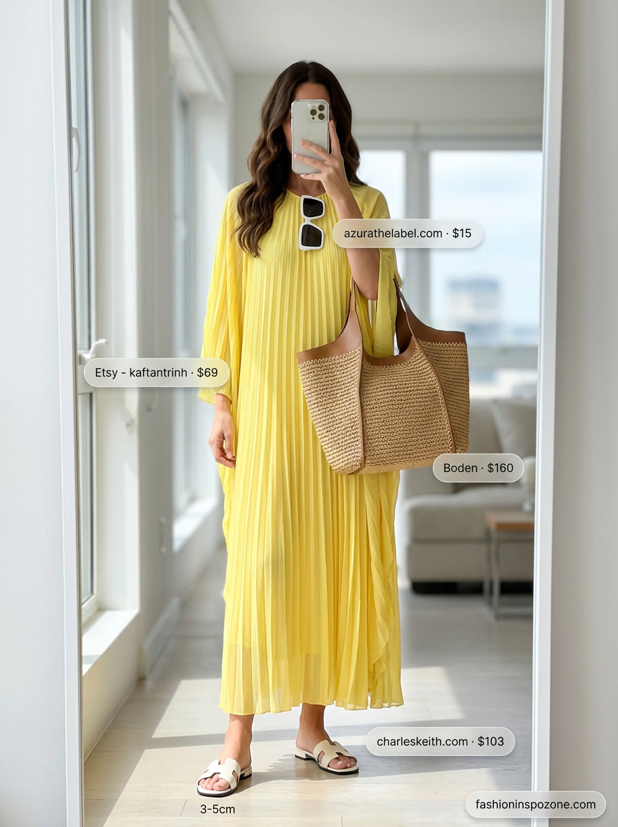 Sunshine yellow chiffon caftan maxi dress for poolside lunches and summer vacations 2026. Effortlessly chic.