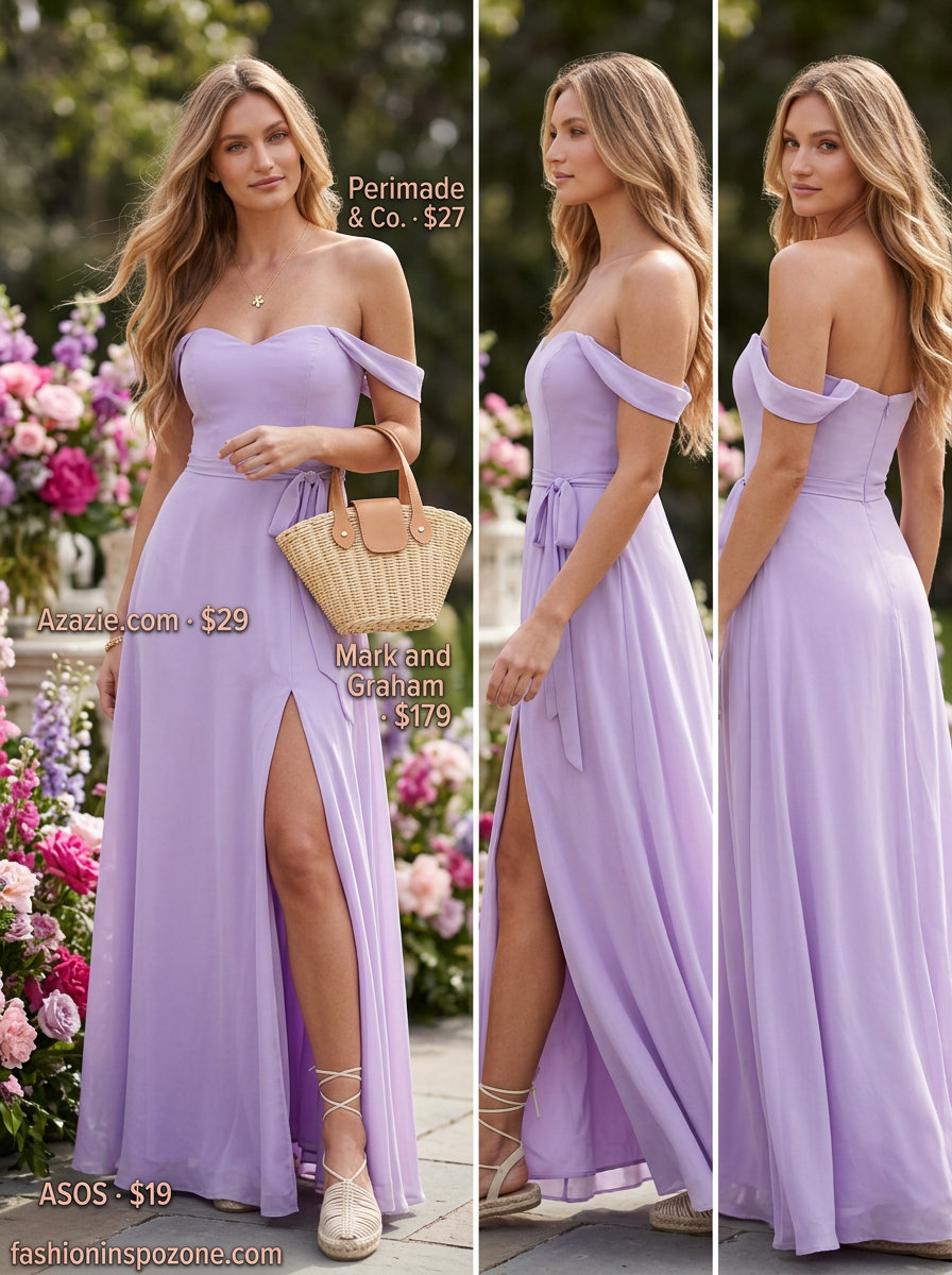 Lavender chiffon summer flowy maxi dress 2026 for garden party brunch. Off-shoulder, smocked bodice, tiered skirt, espadrilles, wicker bag.