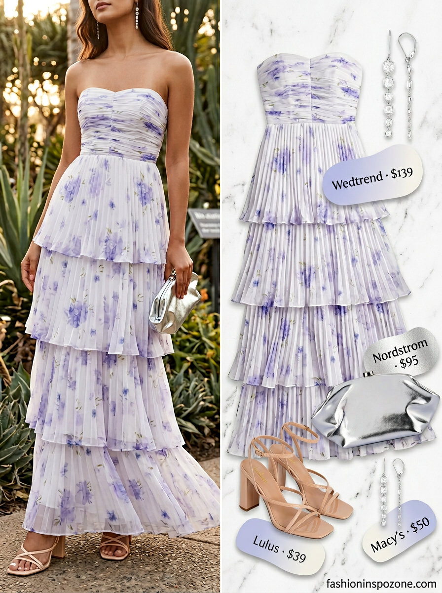 Lavender floral print chiffon flowy maxi dress for garden parties, paired with silver earrings and sandals.