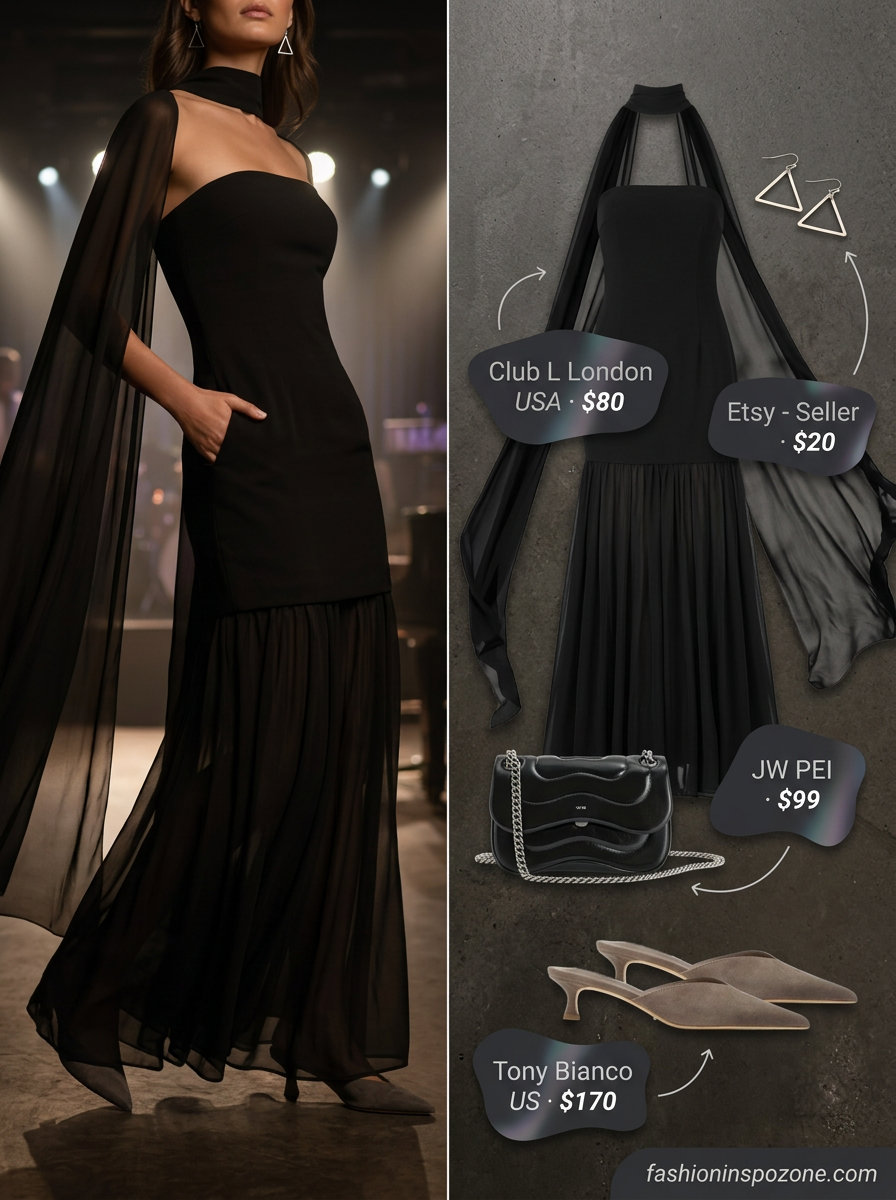 Black high-neck chiffon flowy maxi dress for city nights, paired with suede mules and silver earrings.