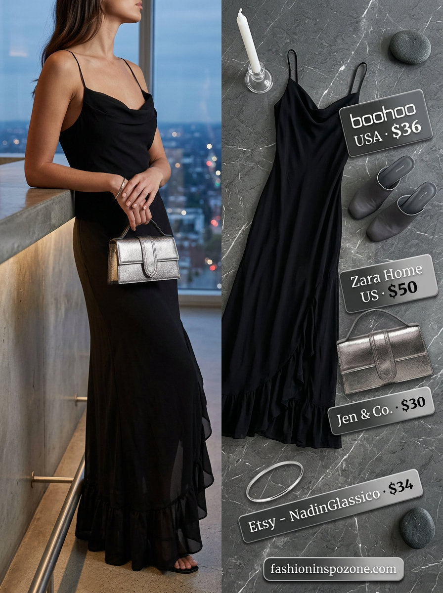 Jet black chiffon flowy maxi dress for evening events, styled with satin mules and silver clutch.